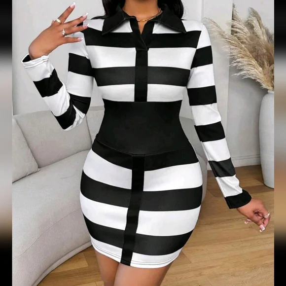 Black and White Striped Women's Dress - Picture 2 of 8